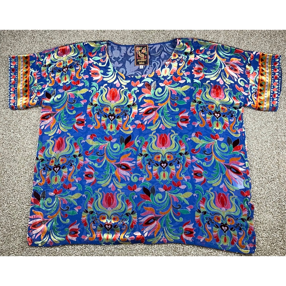 Johnny Was Women XL Blue Silk Blend Velvet Mariafe Burnout Floral Blouse